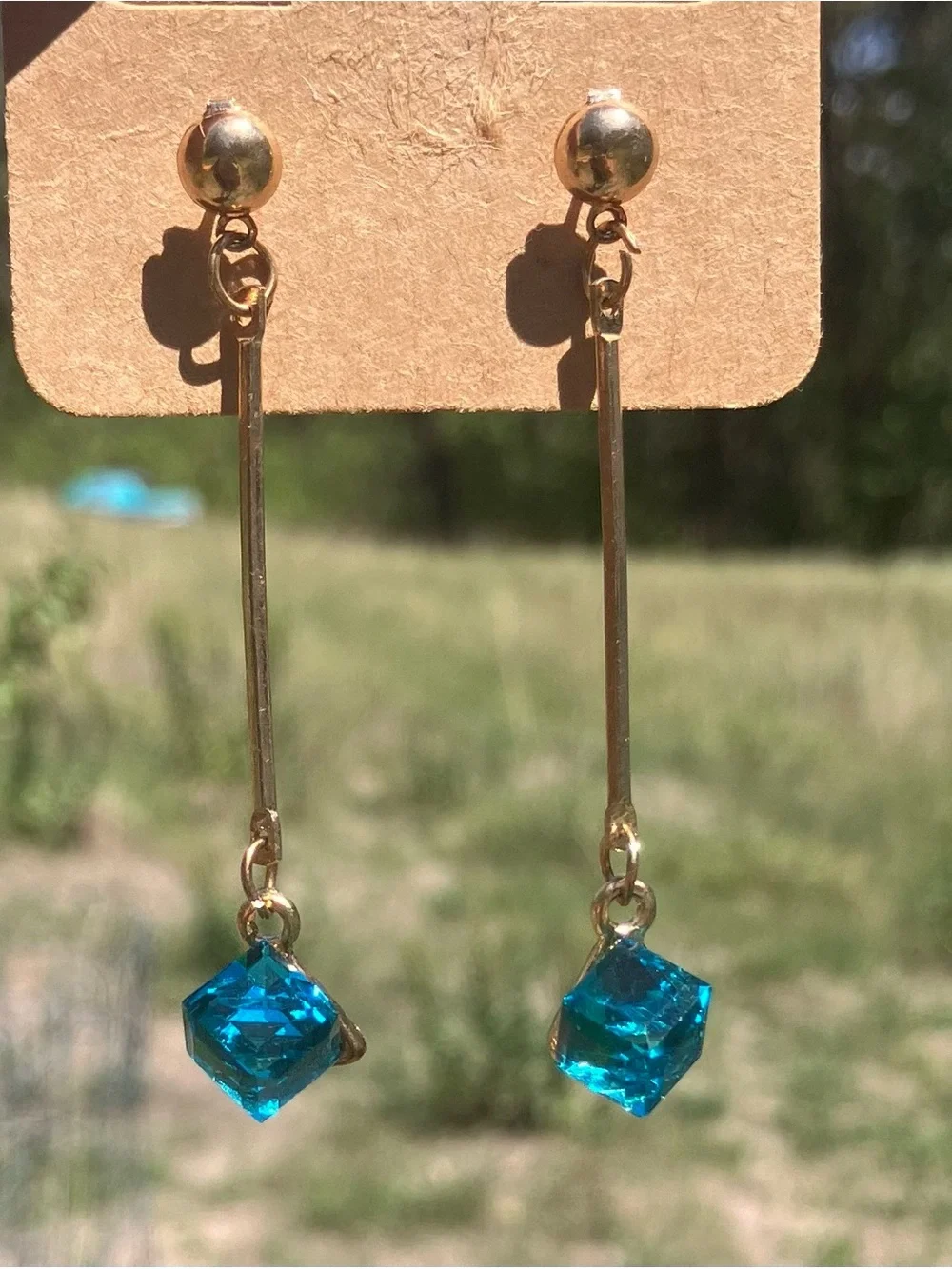 Gold Drop Earrings with Blue Crystal Cubes